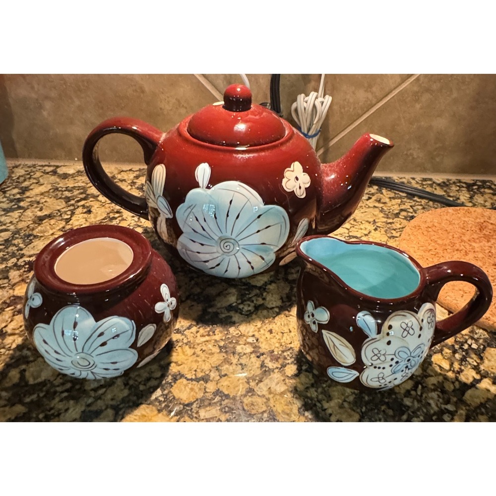 Pier One 1 Floral Ceramic Tea Set Brown Hand Painted Teapot Creamer Sugar Bowl